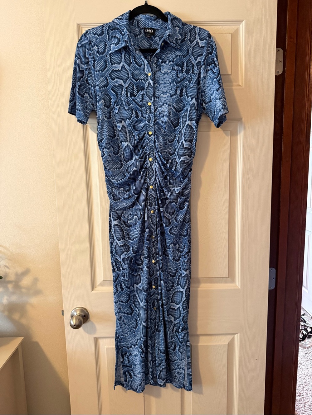 INC Blue Snake Print Button-Front Maxi Dress